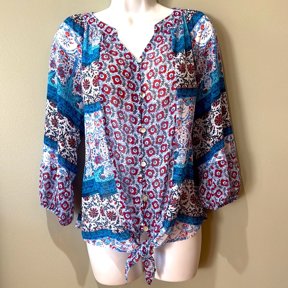 Fig & Flower Semi Sheer Bohemian Floral Tie Front Peasant Blouse Ladies Small